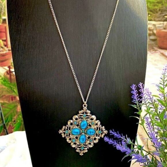 Fabulous Vintage 70’s Faux Turquoise Victorian Revival Pendant - Picture 2 of 8